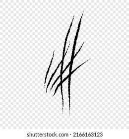 Werewolf, cat or beast scratch scrape on transparent background. Four wound marks. Isolated print with wild animal claw. Monster sign. Genus feline symbol flat vector illustration.