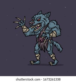 Werewolf character angry attacks. Character is divided into layers for animation. Vector Illustration