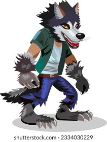 Werewolf character halloween Scary wolf man with burning eyes sharp teeth in bared mouth sticking out in tatters wool Vector