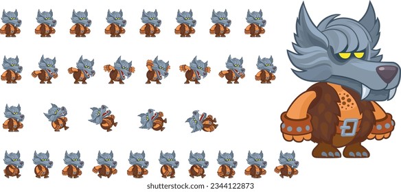 Werewolf character. Sprite prepared for animation. Animated cute  game character for creating adventure games. Сartoon creature. Various states. Idle, walking, attacking, dying