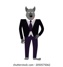 A werewolf in a classic business suit in the shape of a wolf. Jacket black pants purple. Halloween illustration in cartoon childish style for your holiday design.