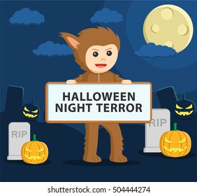 werewolf costume in holding sign