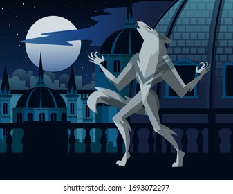 werewolf creature howling the moon on city roofs