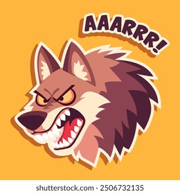 Etiqueta engomada de la historieta de la cara del hombre lobo. Ilustración vectorial de Halloween. Dibujo de cara de lobo enojado para impresión de camiseta