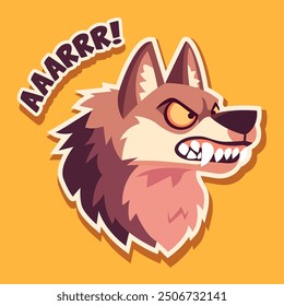 Etiqueta engomada de la historieta de la cara del hombre lobo. Ilustración vectorial de Halloween. Dibujo de cara de lobo enojado para impresión de camiseta