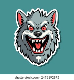 Ilustración vectorial de cara de hombre lobo. Estampado de camiseta. Siniestra cara de lobo con la boca abierta y dientes afilados. Pegatina de Vector.