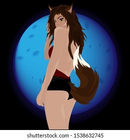 Werewolf girl on the background of the moon. Halloween. Vector art