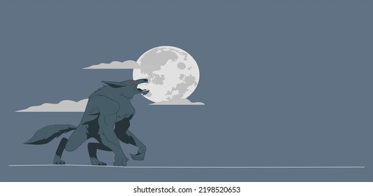 Werewolf growling in the moonlight over a full moon shining. Werewolf concept art. Werewolf on the night background with full moon. vector illustration