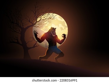 Werewolf hand against the full moon, suitable for Halloween or horror theme