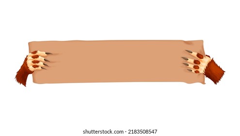 Werewolf hands with long nail holding banner isolated cartoon arms with wooden plank. Vector Halloween monster character fingers with talon, stone plate, blank piece of wood with spare place for text