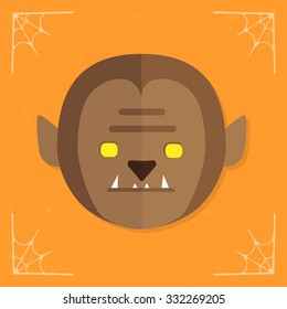 Werewolf head icon. Angry werewolf fantasy monster. Halloween illustration isolated on stylized orange background. Vector illustration