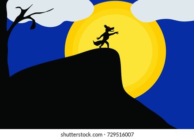 Werewolf at the hill and full moon on night scene