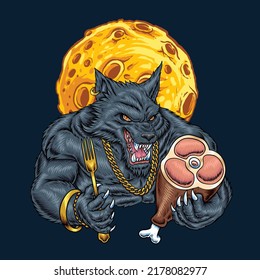 Werewolf hip hop hold meat and fork