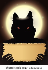 Werewolf holding a old paper in a clear full moon night with grim stare.