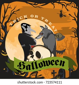 Werewolf holding skull with the vampire halloween on the cemetery andre the full moon background, horror wolf at night vector invintation, autumn holliday illustration