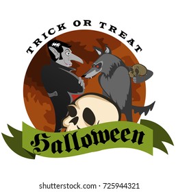 Werewolf holding skull with the vampire halloween on the cemetery andre the full moon background, horror wolf at night vector invintation, autumn holliday illustration