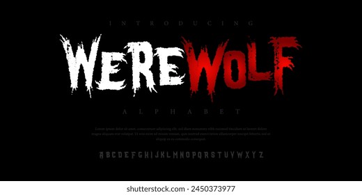 Werewolf horror halloween Font Uppercase Lowercase and Number. Spooky Lettering Minimal Fashion Designs. Typography modern serif fonts regular decorative vintage concept. vector illustration