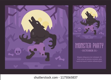 Werewolf howling at the full moon in a dark forest. Halloween flat illustration and flyer