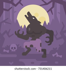 Werewolf howling at the moon in a dark forest at night. Trick or treat. Halloween flat illustration