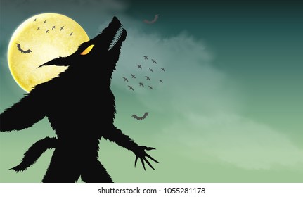 werewolf howling on green spooky night background