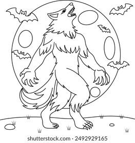 Werewolf howling under the full moon colouring. Halloween Outline Coloring Page