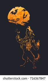 Werewolf howls to moon. hand-drawn orange golden silhouettes on black. isolated vector for design of greeting cards & decoration of black walls on Halloween