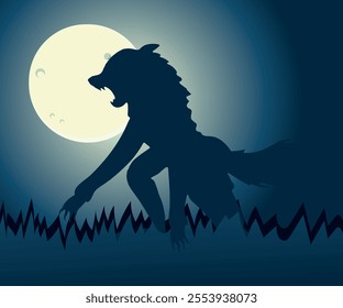 werewolf, werewolf legend in silhouette style with full moon in the background, mystical creature. vector illustration.