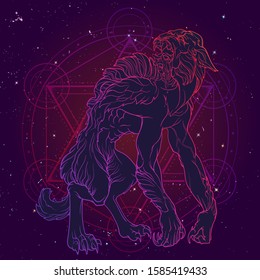 Werewolf. A legendary monster from european folklore tales. Line drawing on a grunge watercolor textured spot. Coloring book or tattoo design. EPS10 vector illustration.