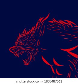 Werewolf line pop art portrait colorful logo design with dark background. Abstract vector illustration.