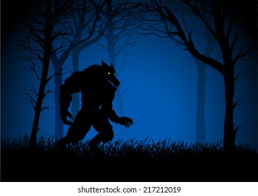 A Werewolf lurking in the woods, suitable for Halloween spooky background