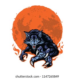 Werewolf Mad Angry Wolf And Moon Logo Template Vector Illustration Design