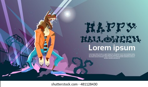 Werewolf Monster Happy Halloween Party Invitation Card Flat Vector Illustration