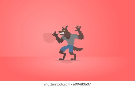 Werewolf, mutant human character standing in front of red background for halloween. Vector illustration design.