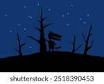 Werewolf at night. a dangerous monster in the night forest under the starry sky. Cartoon character. Vector image for print, logo, or illustrations.