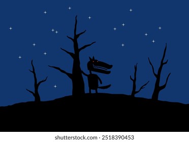 Lobisomem à noite. Um monstro perigoso na floresta noturna sob o céu estrelado. Personagem de desenho animado. Imagem vetorial para impressão, logotipo ou ilustrações.