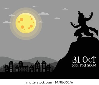 Werewolf on black mountain with full moon night. Vector illustration