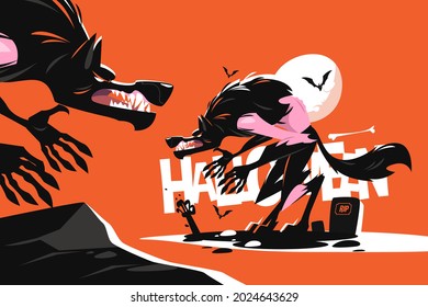 Werewolf on scary cemetery vector illustration. Horror decorations and full moon flat style. Autumn festive holiday and trick or treat concept. Isolated on orange background