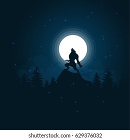 Werewolf silhouette halloween night background with moonlight vector illustration.