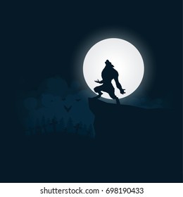 Werewolf silhouette, halloween night background moonlight vector illustration.