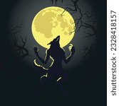 Werewolf silhouette on full moon background. Halloween monster banner. Black shape of scary beast in a dark forest. Vector illustration