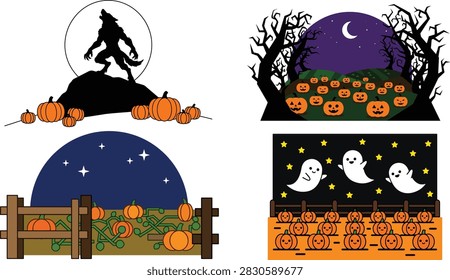 Werewolf silhouette on hill. flying ghosts in night sky. pumpkins behind wooden fence. halloween concept