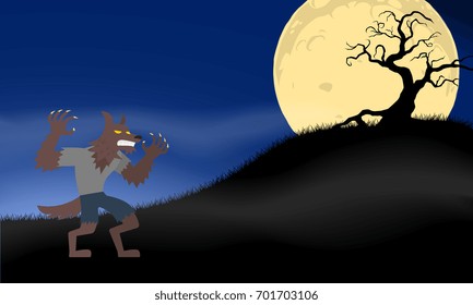 Werewolf standing in front of the dead tree with a big moon in the background for halloween