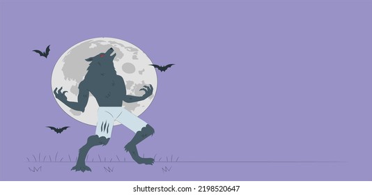 Werewolf standing on a rocky cliff on a full moon night on dark Halloween background with a graveyard In Spooky Night. Scary Werewolf Digital Illustration Isolated in purple. Vector illustration