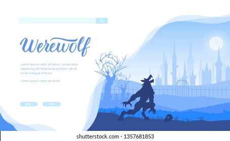 Werewolf vector landing page template. Fantasy, mystical stories web banner layout design with text space. Horror movie website homepage. Creature howling on moon silhouette minimalistic illustration