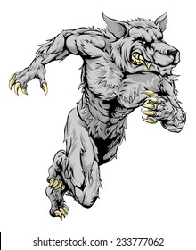 A werewolf wolf man character or sports mascot charging, sprinting or running