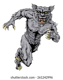 A werewolf wolf man character or sports mascot charging, sprinting or running