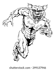 A werewolf wolf man character or sports mascot charging, sprinting or running