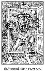 Werewolf or wolfman against full moon. Fantasy magic creatures collection. Hand drawn vector illustration. Engraved line art drawing, graphic mythical doodle. Template for card game, poster