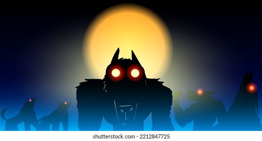 Werewolves howling at the full moon on a foggy night. Big scary monsters with burning eyes. Creepy vector illustration with mystical animals. Halloween vector image with space for text.