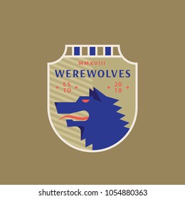 Werewolves Medeival Sports Team Emblem. Abstract Vector Sign, Symbol or Logo Template. Angry Wolf Head in a Shield with Vintage Typography. Dark Olive Background.
